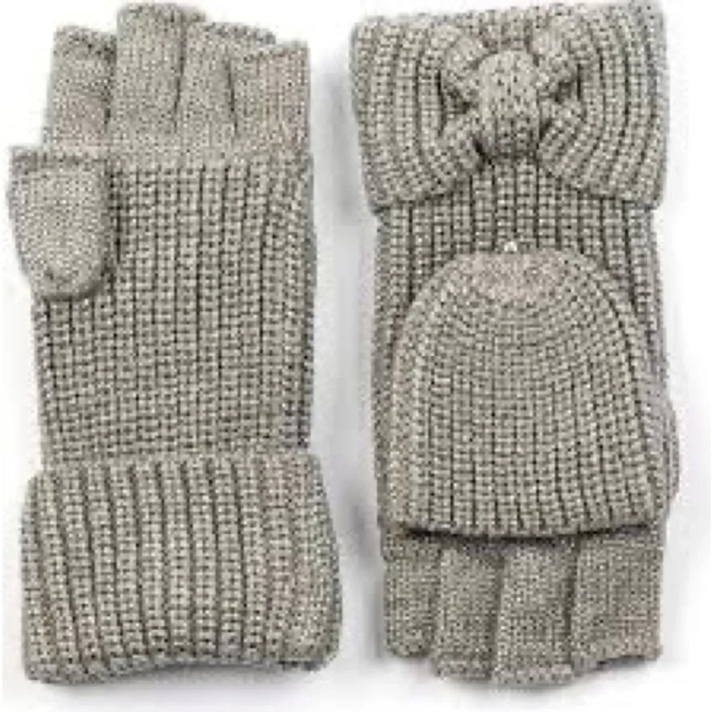 KATE SPADE METALLIC BOW POP TOP CONVERTIBLE MITTENS FINGERLESS GLOVES GRAY NWT